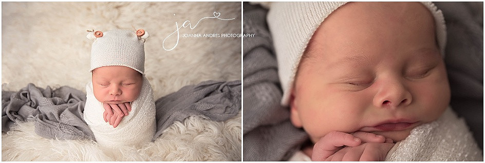 Baby Boy Potato Sack Pose Wrapped in White with Gray Accent