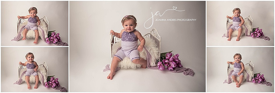 Baby Girl One Year Portraits in Lilac