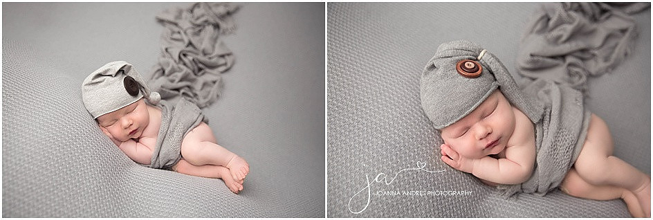 Baby Boy Styled in Gray Side Laying Pose