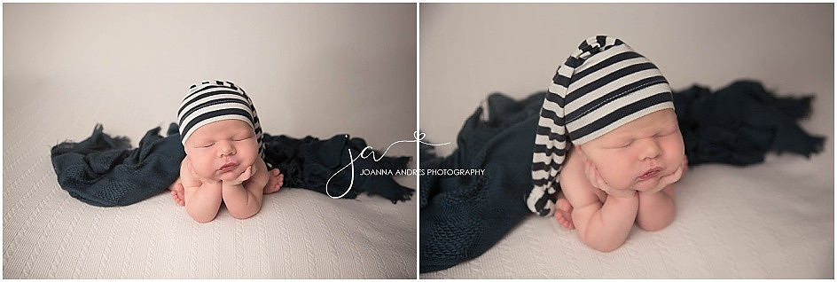 Newborn Baby Boy Styled in Navy and White Froggy Pose