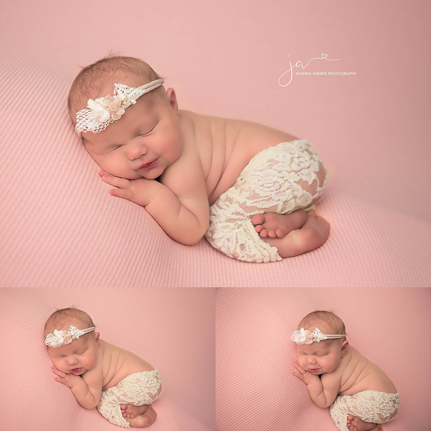Newborn Baby Girl with Lace Pants and Pink Backdrop