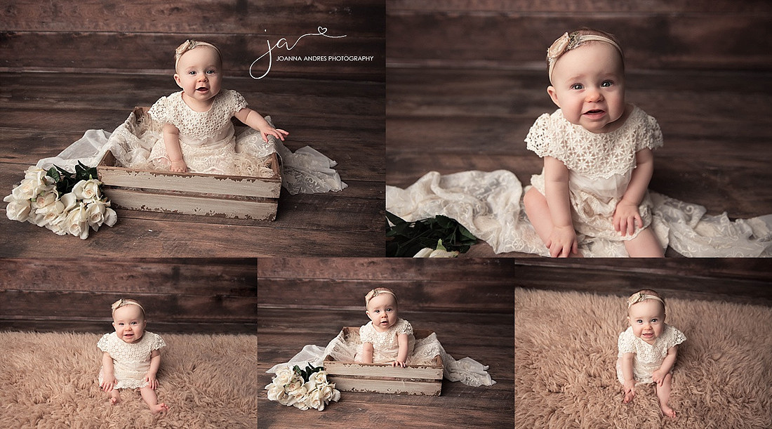 Baby Girl in cream dress and wood backdrop