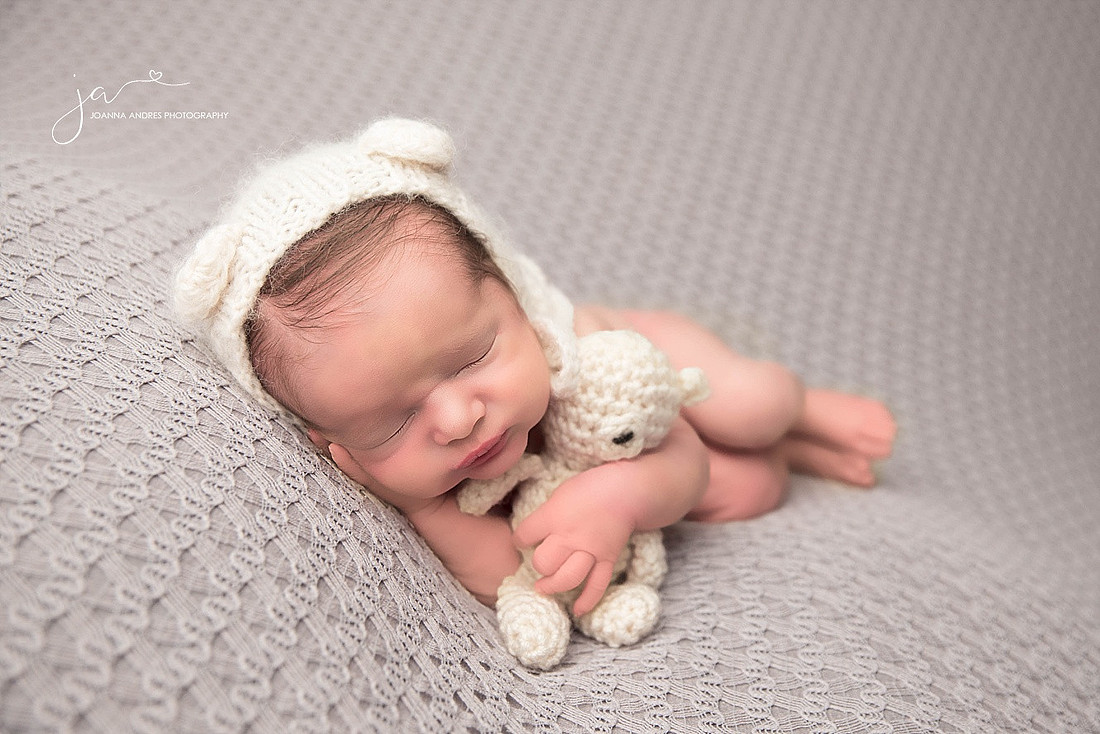 NEwborn Baby with Teddy in Creams and Grays