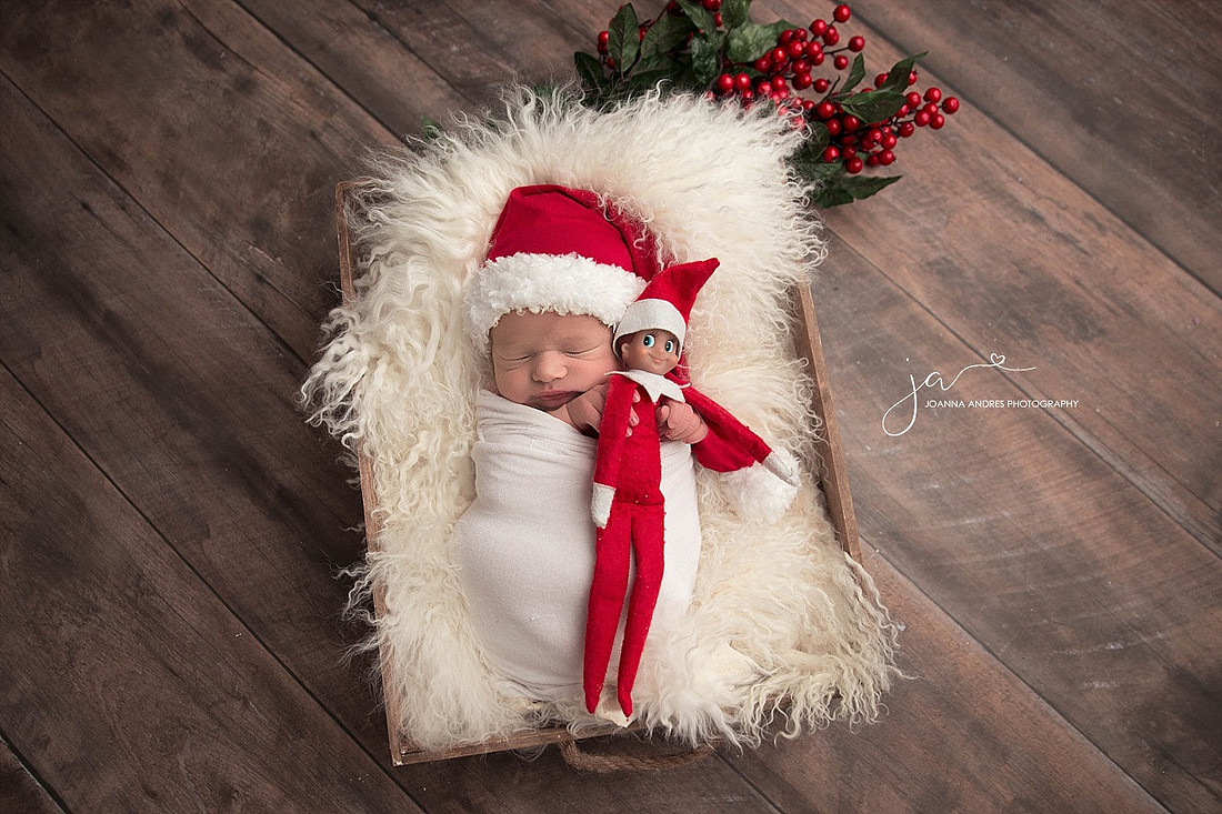 Newborn Baby Cuddled with Elf on the Shelf