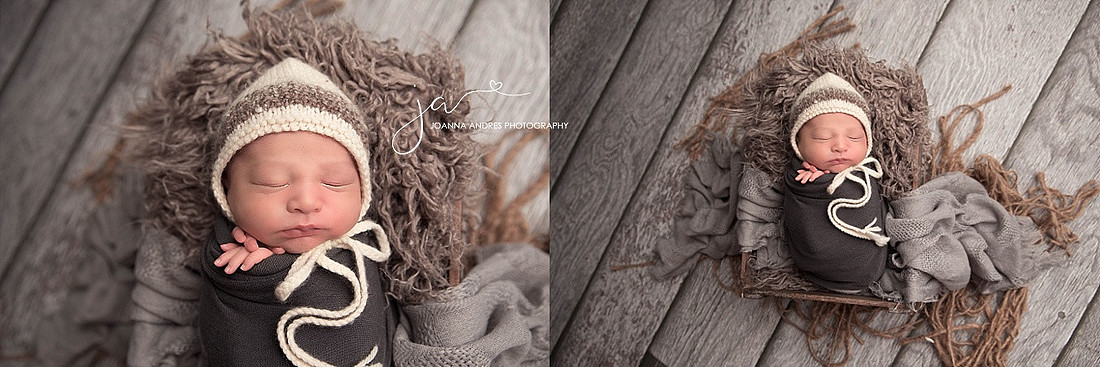 Baby Boy Wrapped in Gray in a prop