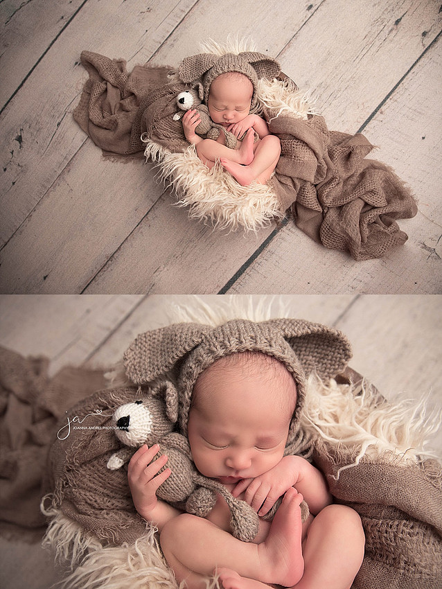 Baby Boy in a prop wearing puppy dog hat and lovey