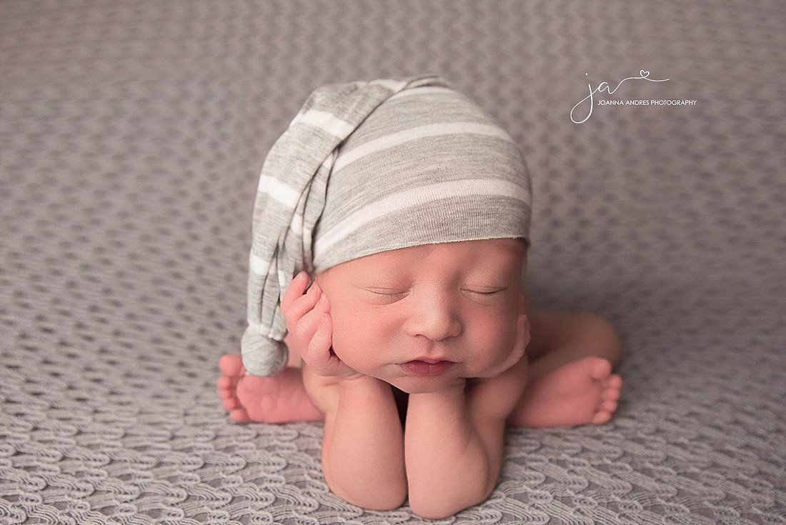 Baby Boy Froggy Pose with gray and white striped Hat