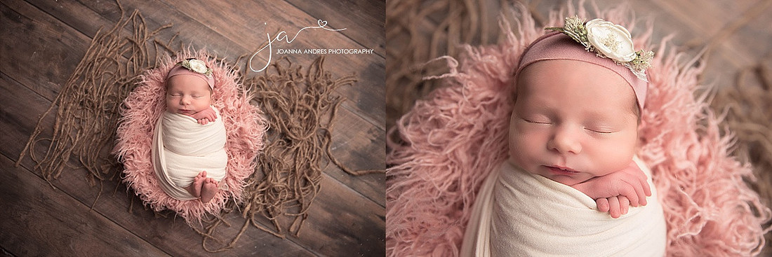Baby Girl in Prop wrapped in neutrals and pink fluff