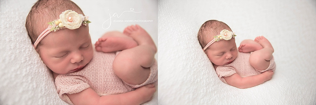 Newborn Baby Girl in Pink curled up