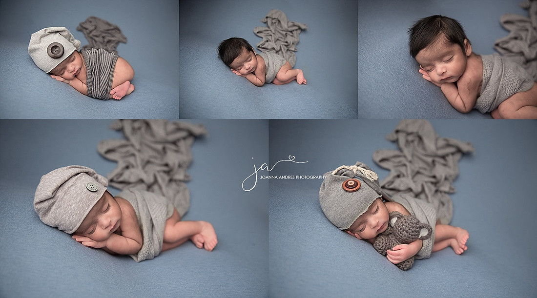 Newborn Baby Boy SIde Laying Pose with Grays and Blues