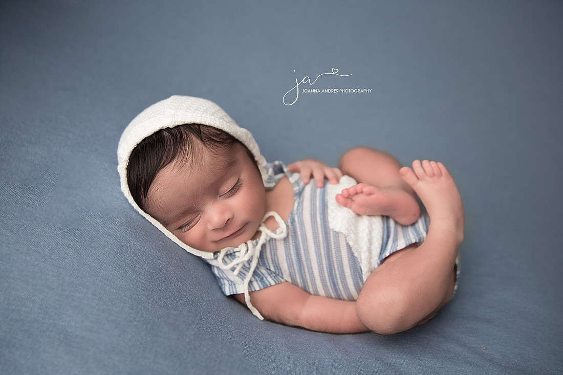 Baby Boy in Blue and White Huck Finn Pose
