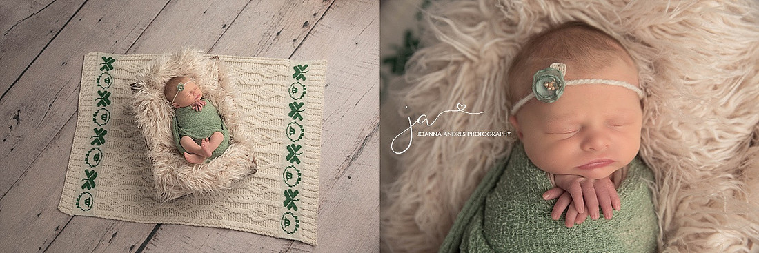 NEwborn Girl with Irish Blankets and Greens