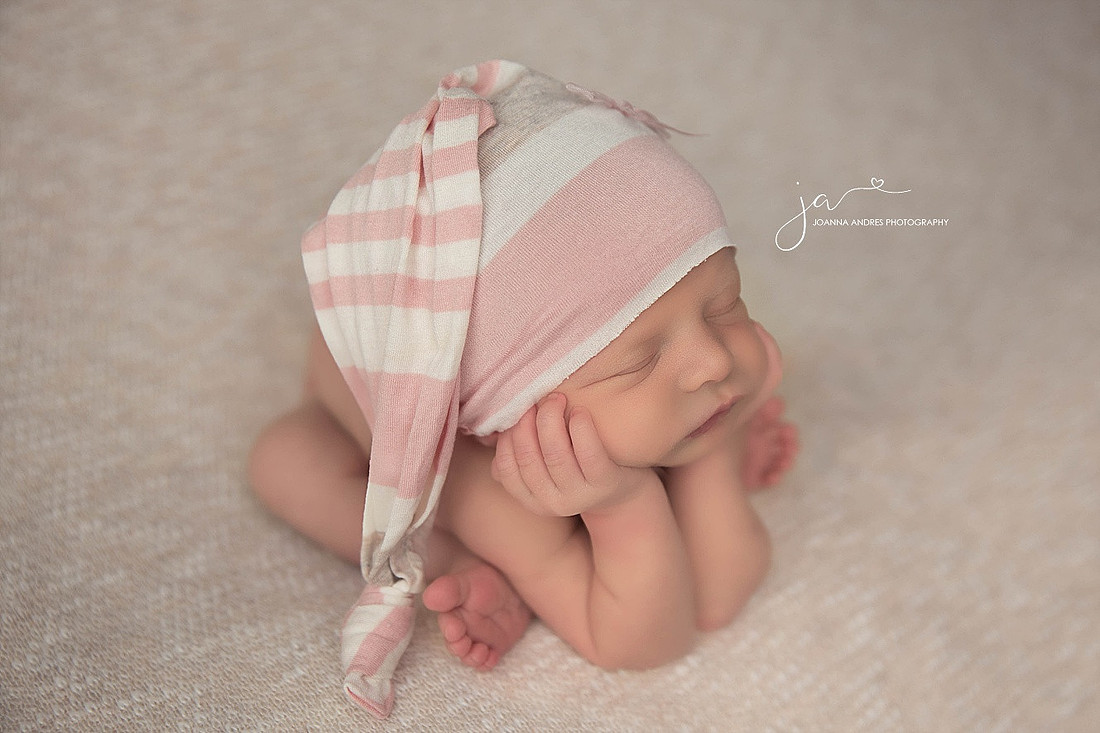 Baby GIrl Froggy Pose with Pink Hat
