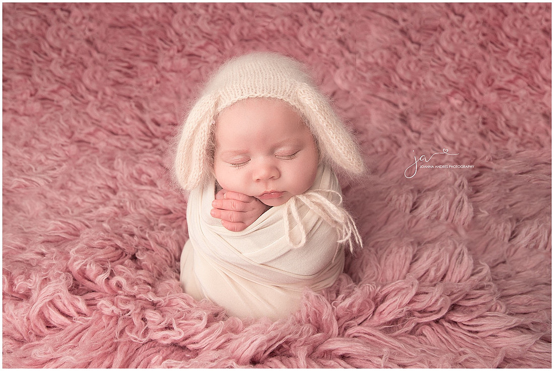 Baby Girl Wrapped in Neutrals and Pink Backdrop
