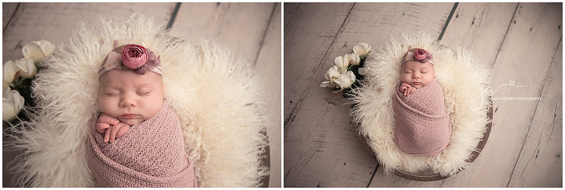 Newborn Baby Girl Wrapped in Mauve in Basket with white fur