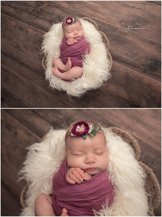 Baby GIrl Wrapped in Purples on white fur