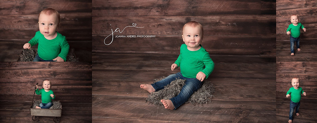 Baby Boy One Year Portraits in a Collage wearing a green shirt
