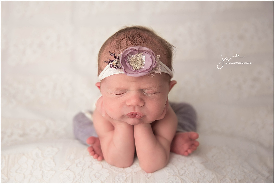 Newborn Girl Froggy Pose with Purples