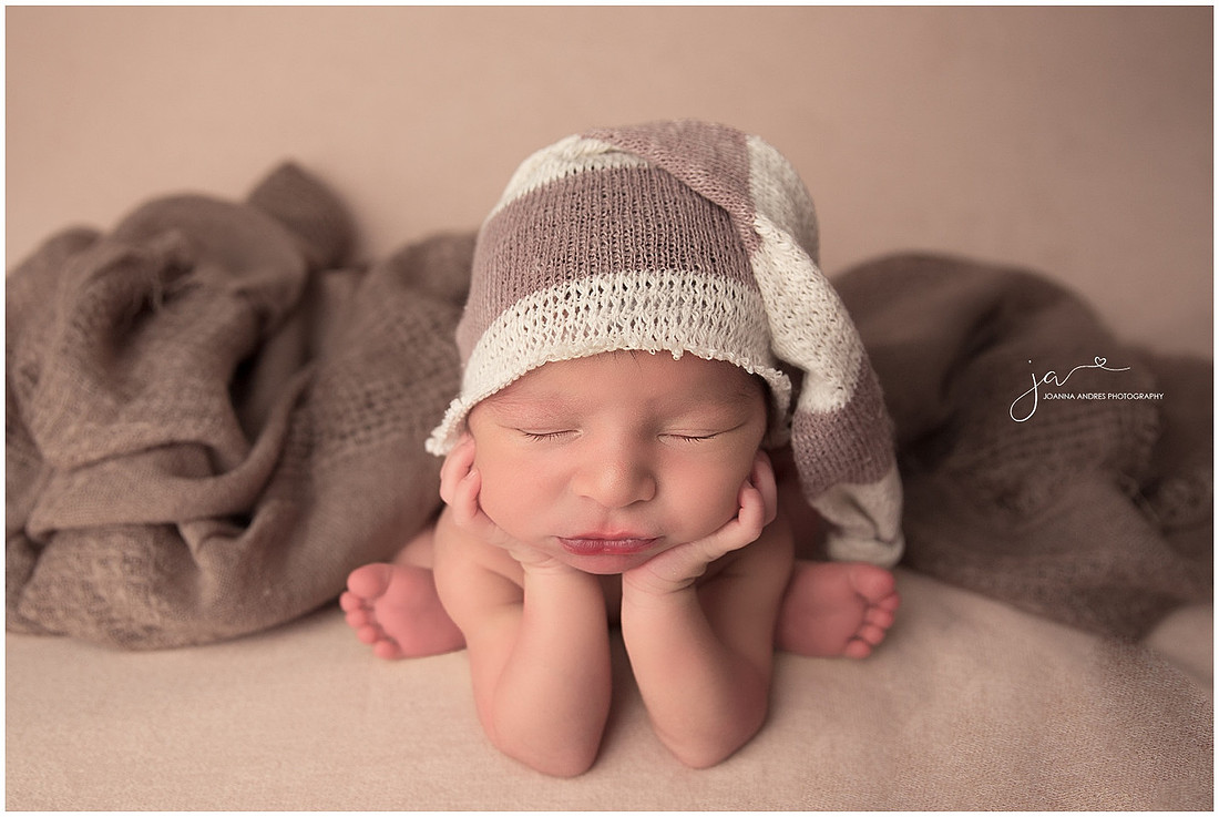 Baby Boy in a Froggy Pose with Cream and brown hat