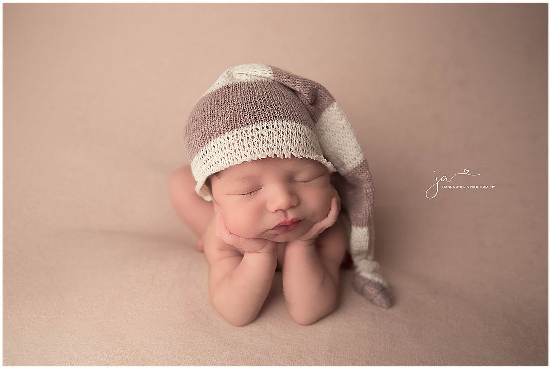 Froggy Pose with Brown and Neutral Stripe hat