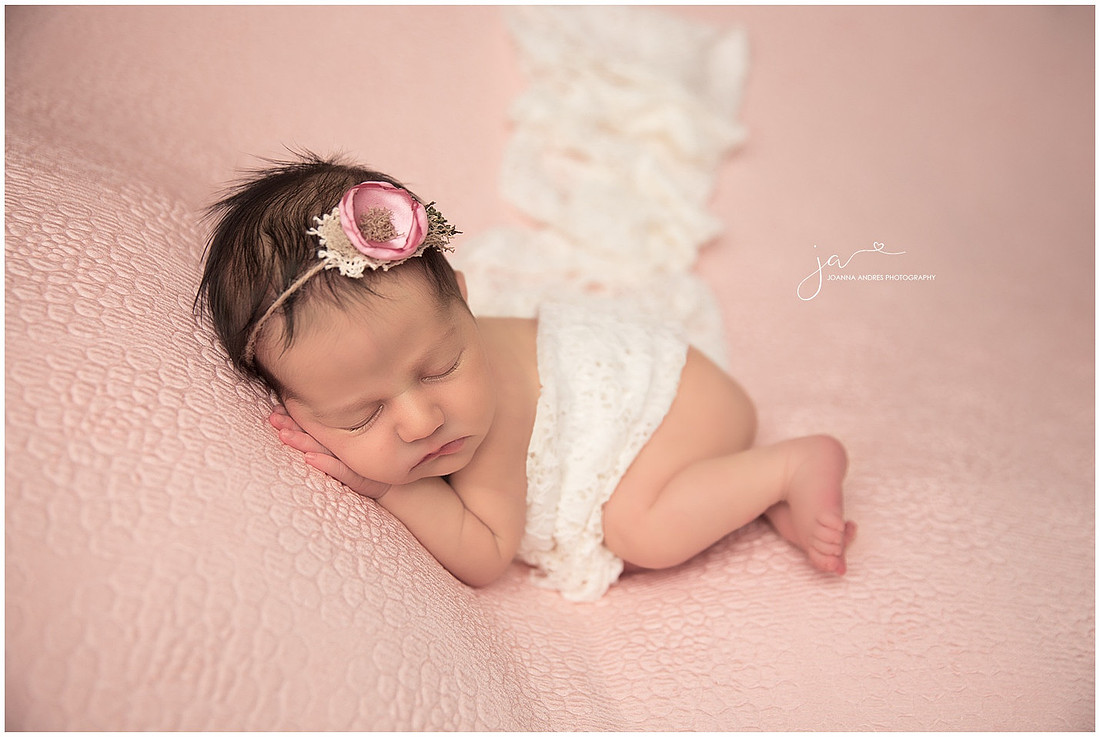 Baby Charlotte Side Laying Pose in Pinks and whites