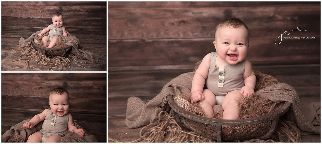 Collage of Baby boy in a basket in neutrals with wood backdrop