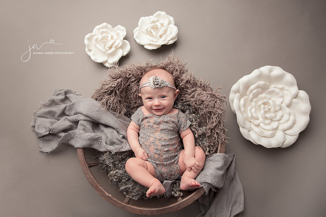 Baby Emma in Gray Lace in a Basket with Flowers surrounding her