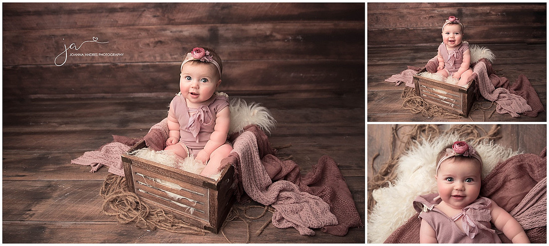 Six Month Baby Girl Collage styled in mauves in a basket