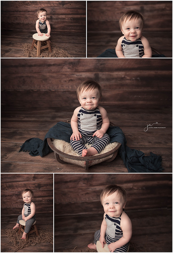One Year Photo Collage Baby BOy in Basket in blues and grays