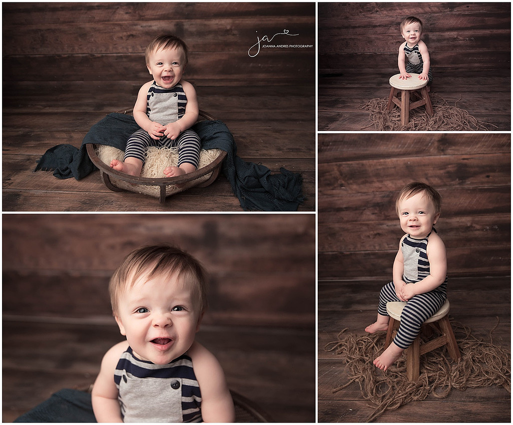 Collage of Baby Boy in Basket wearing blues and grays