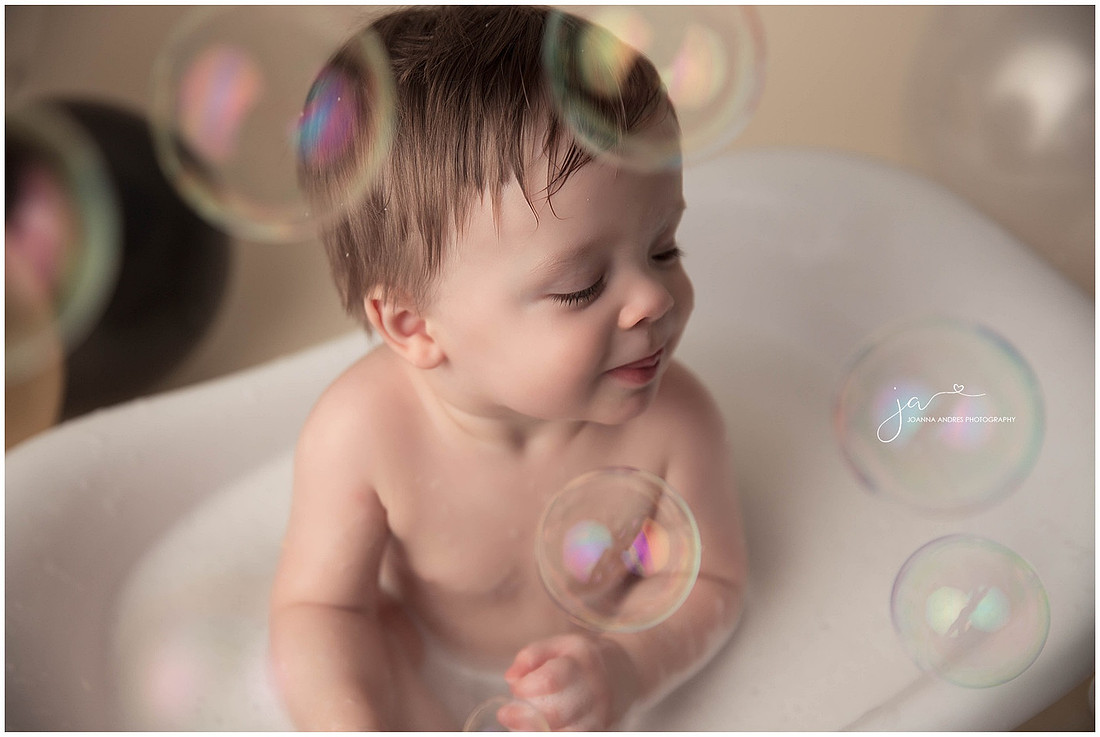 Bubble Bath Photo close up with one year old