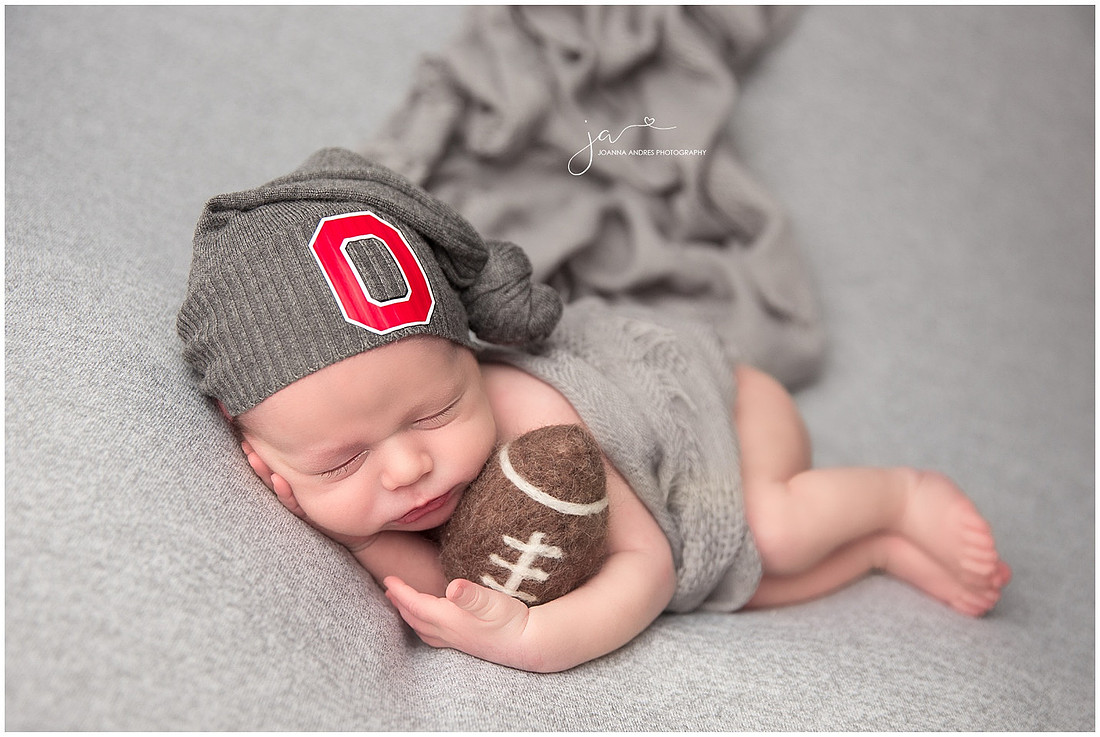 Newborn Baby Posed with Ohio State Hat and Football