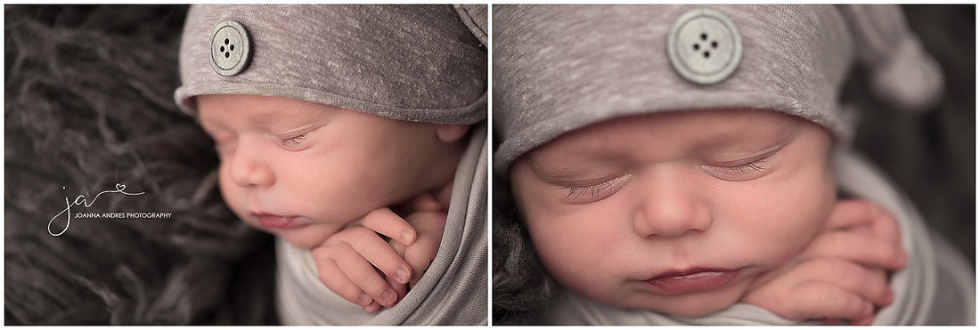Newborn Baby Boy Close Up in Gray Hat