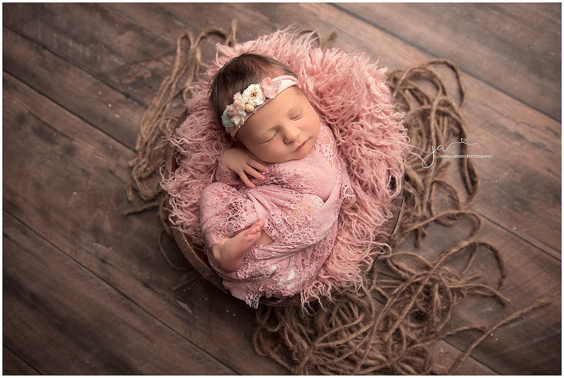 Baby Savannah in basket with pinks
