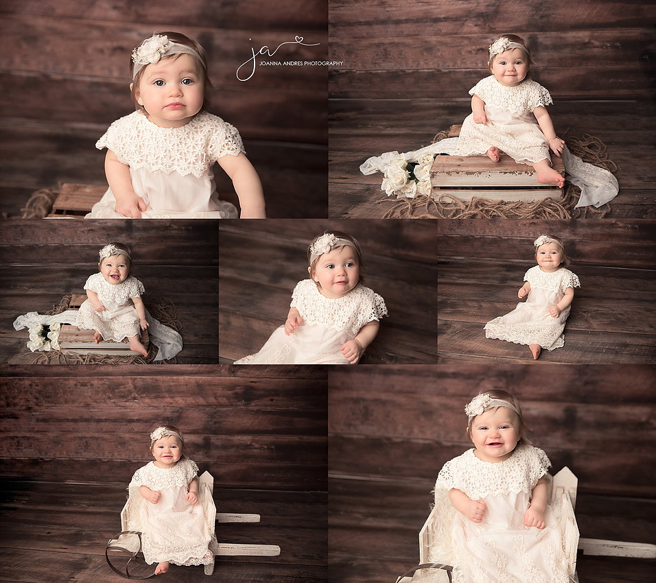 One Year Old Girl Collage baby in Neutral Dress with wood Backdrop