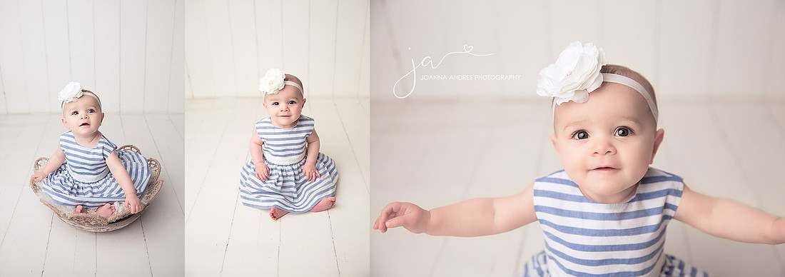 Baby Girl in Blue and white striped dress six month collage