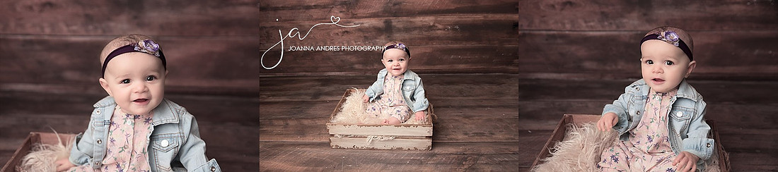 Baby Girl in Prop and jean jacket with wood backdrop