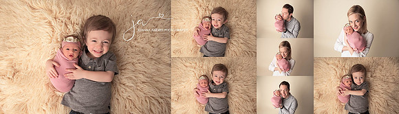 Sibling brother and baby sister collage and parent with newborn shots