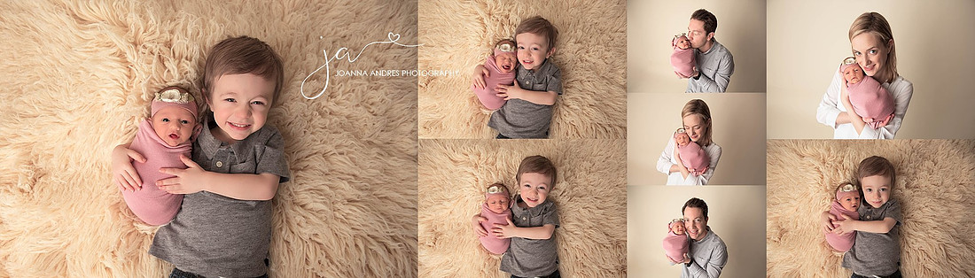 Sibling brother and baby sister collage and parent with newborn shots
