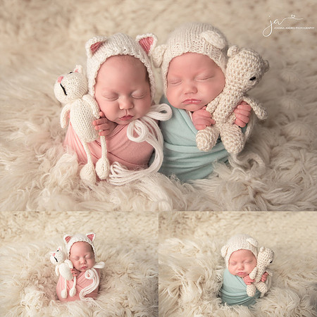 Collage of Twins girl wrapped in Pink with lovey and boy wrapped in blue with lovey
