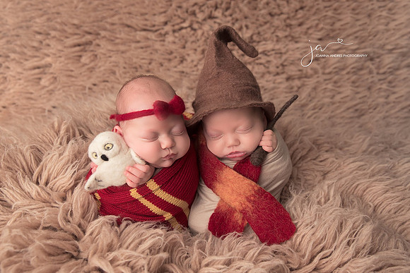 Harry Potter Inspired Twin Newborn Session with wand and owl