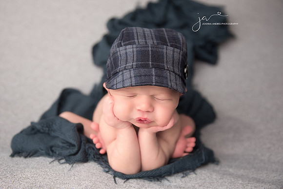 Baby Boy Froggy Pose in Navy Blue hat and blue wrap