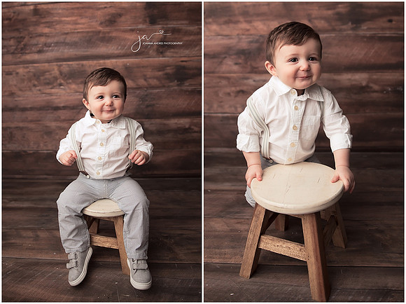 One Year Old Boy sitting and leaning on stool