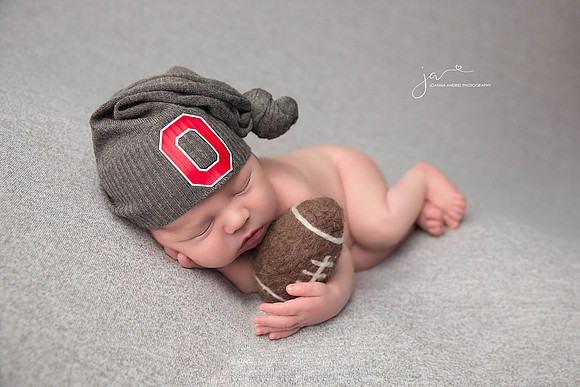 Newborn Baby Boy in OSU Buckeye Hat and Football