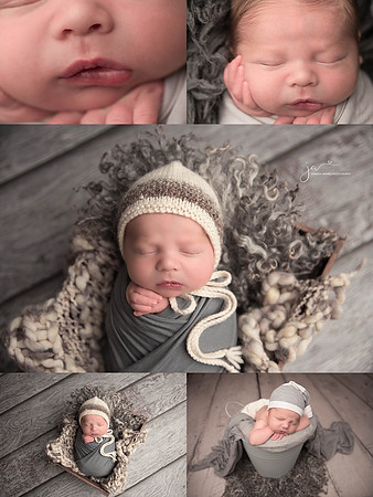 Newborn Baby Boy Collage of Baby in Bucket, Props and Close Up