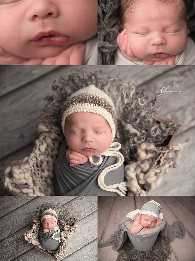 Newborn Baby Boy Collage of Baby in Bucket, Props and Close Up