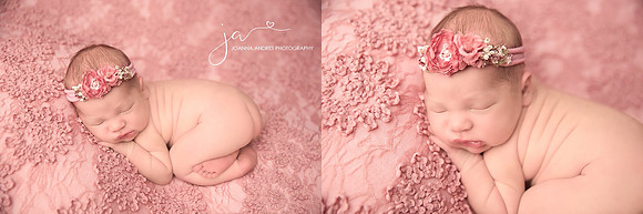 Newborn baby Girl naked bum up shot with pink lacey backdrop