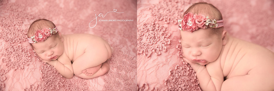 Newborn baby Girl naked bum up shot with pink lacey backdrop