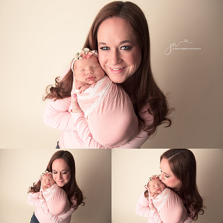 Newborn Baby Girl wrapped and held by Mother collage of photos