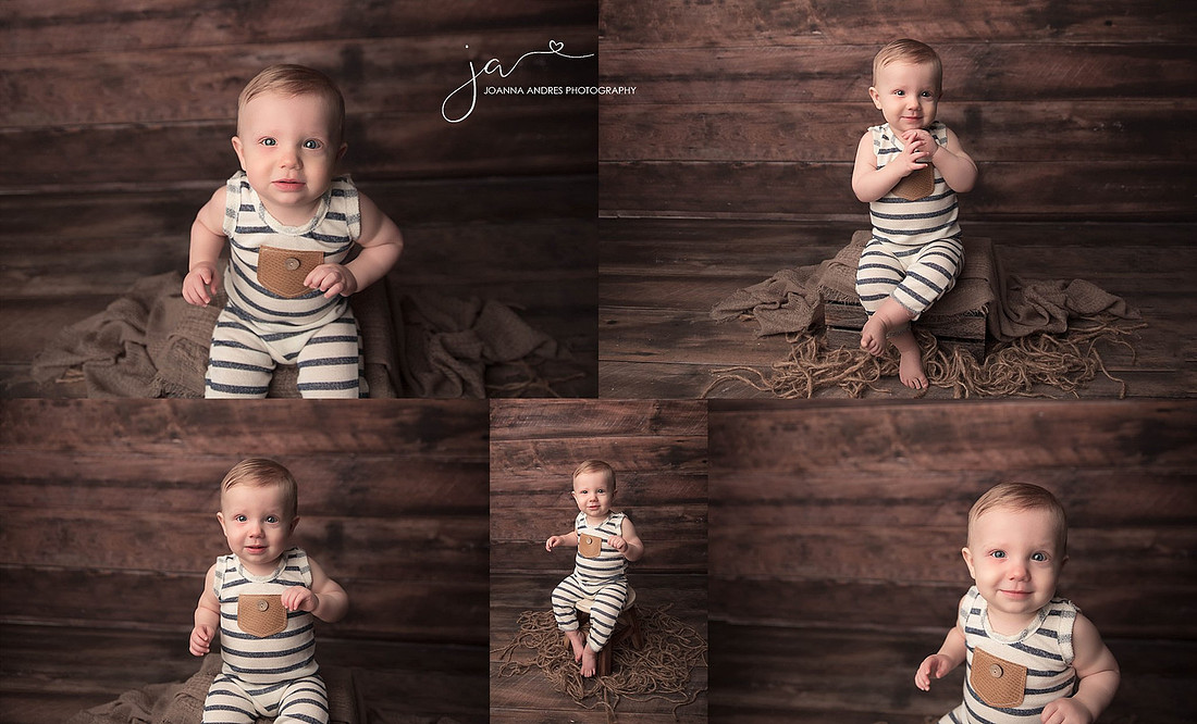 One Year Baby Boy Collage with Blue and White Striped Outfit